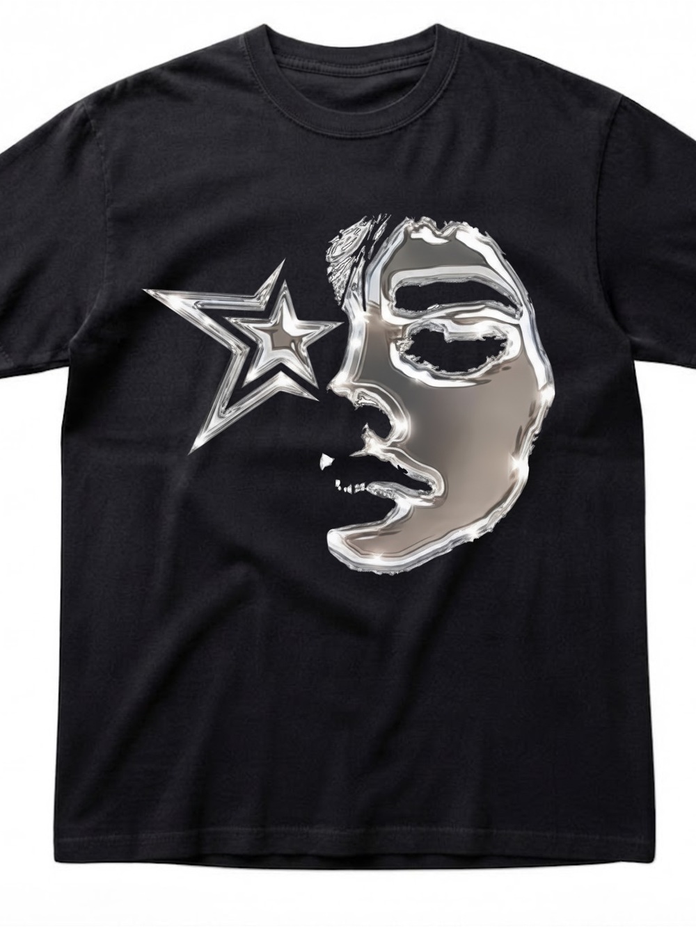 Metallic Silver Face & Star Graphic Gildan T-shirt Modern Black Cotton Tee